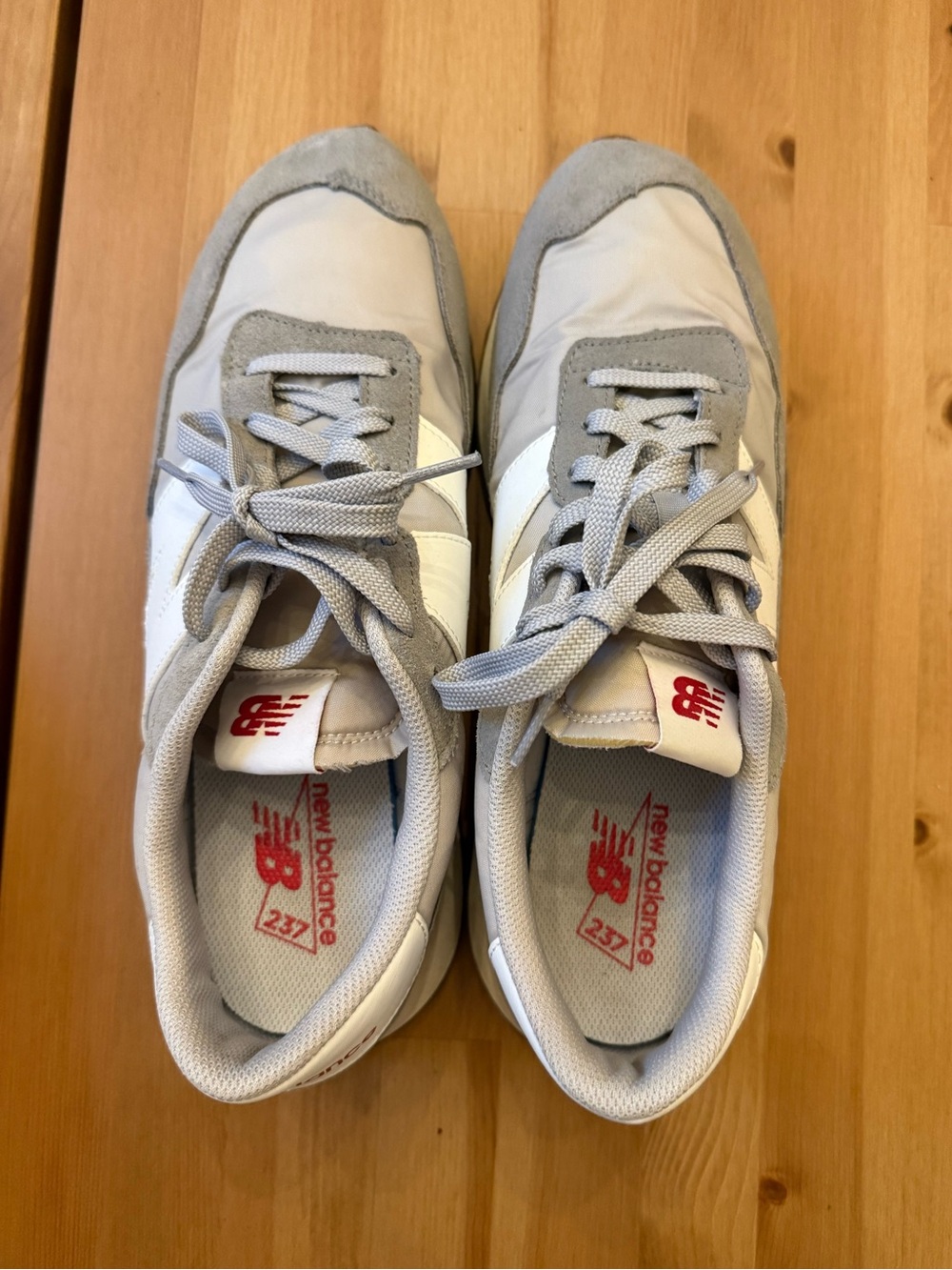 New Balance Men’s 237 Sneakers in Light Gray and White with Red Logo